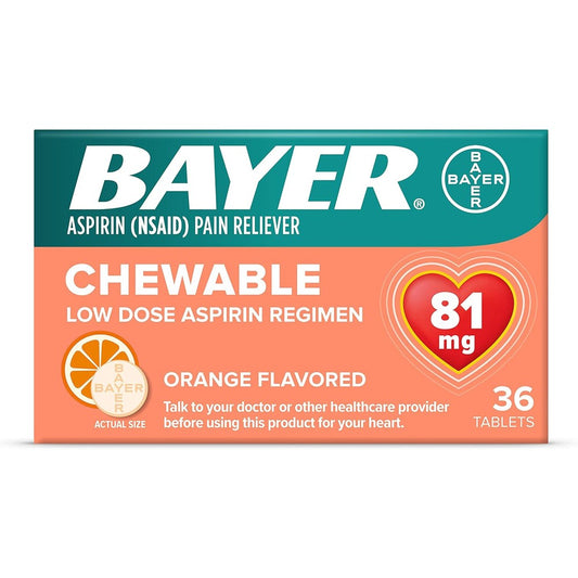 Bayer Chewable Low Dose Aspirin eighty one milligram tablets front packaging view