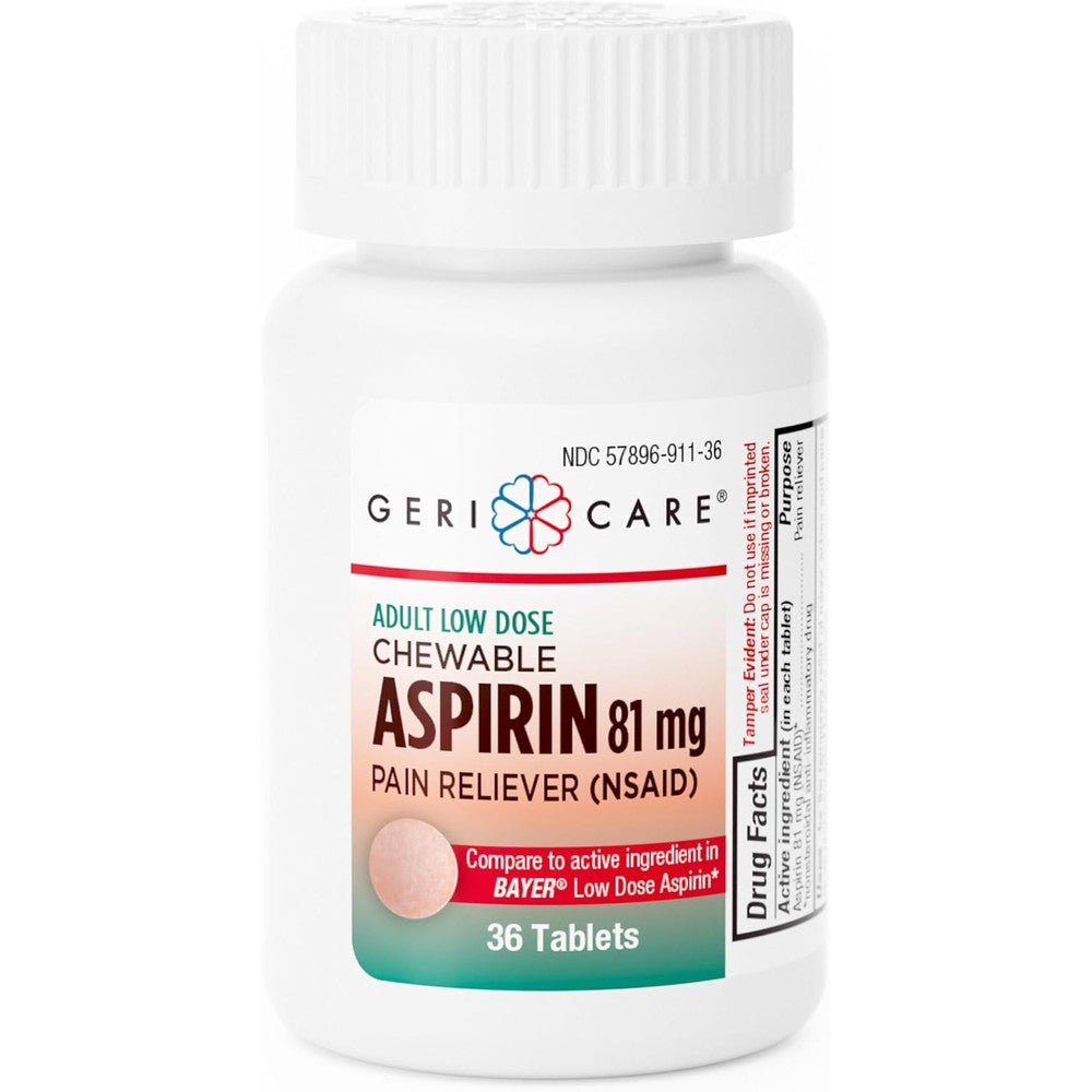 GeriCare Low Dose Adult Chewable Aspirin 81mg front bottle view for daily pain relief