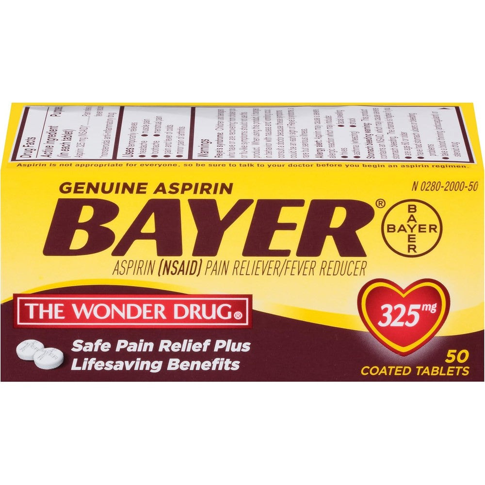 Bayer Genuine Aspirin 325mg 50 count front view bottle for fast pain relief