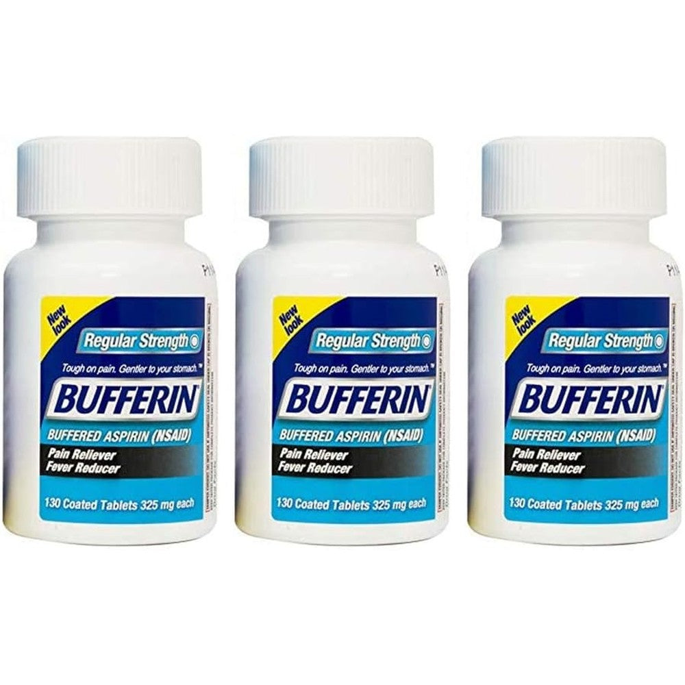 Bufferin Buffered Aspirin three pack front view showing packaging for pain relief