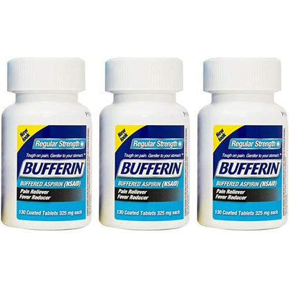 Bufferin Buffered Aspirin three pack front view showing packaging for pain relief