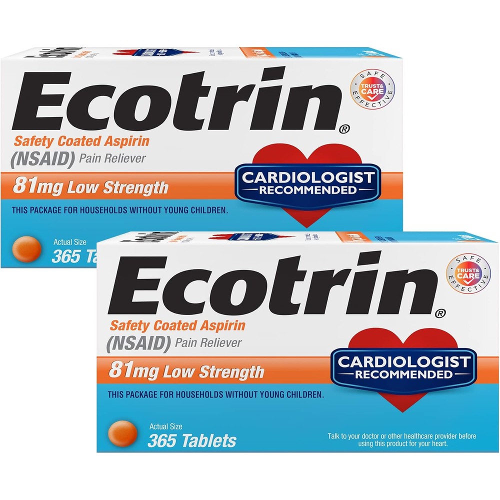 Ecotrin Safety Coated Aspirin 81mg 365 tablets twin pack front view showcasing authentic packaging.