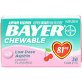 Bayer Chewable Low Dose Aspirin 81 mg Cherry 36 Tablets front view package for adult daily health regimen.