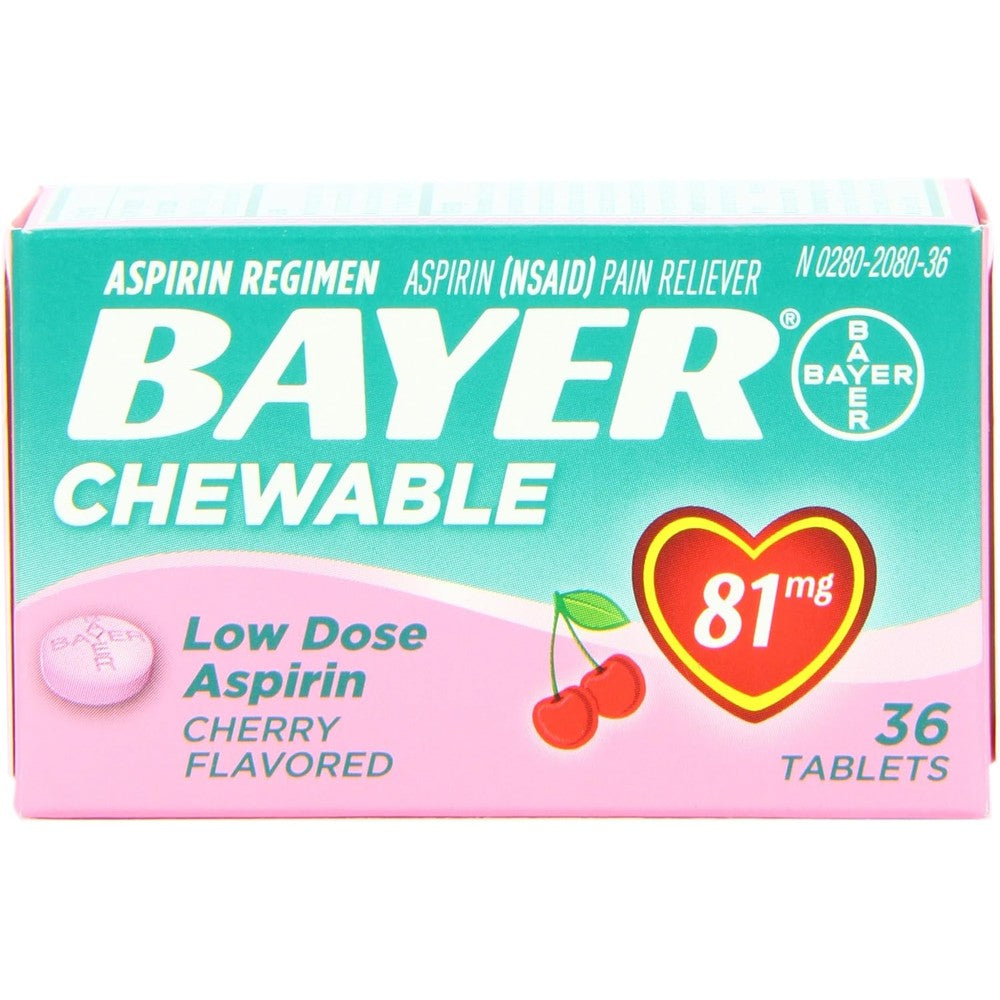Bayer Chewable Low Dose Aspirin 81 mg Cherry 36 Tablets front view package for adult daily health regimen.