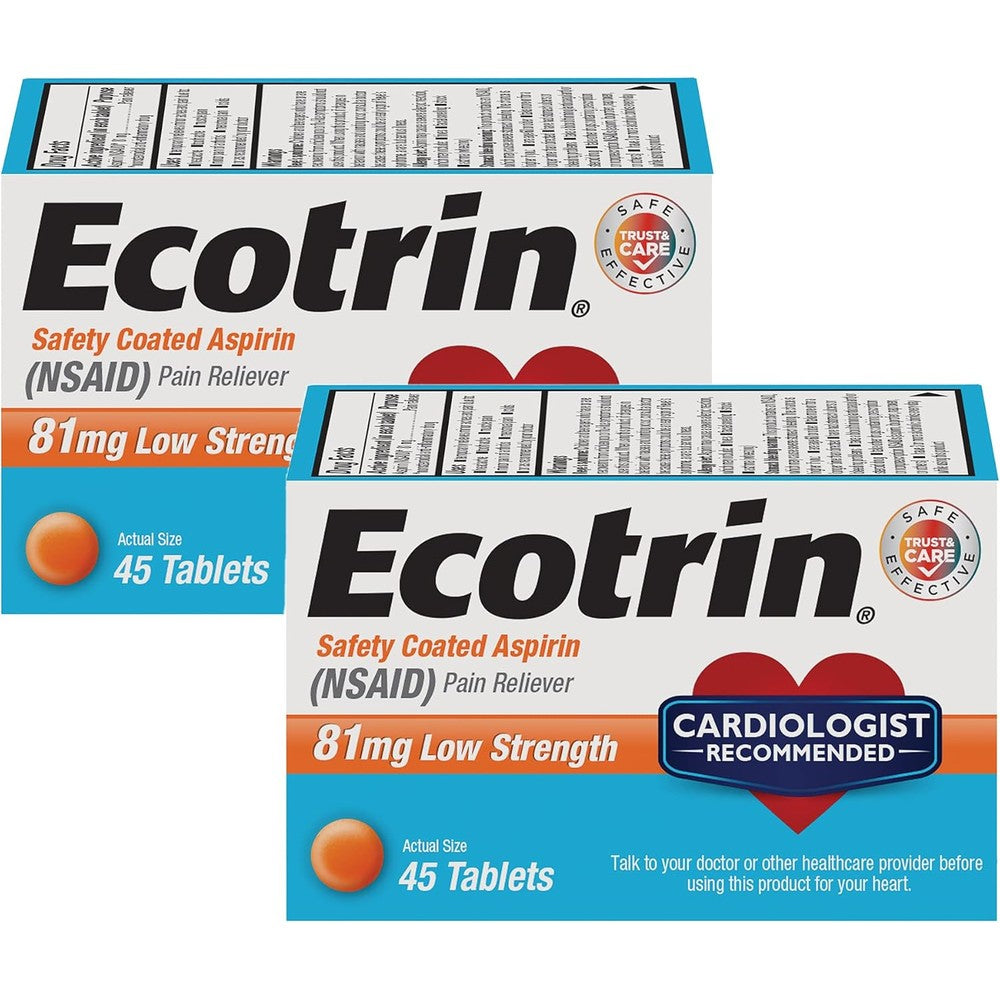 Ecotrin Low Strength Safety Coated Aspirin 81mg 2 pack front view showing packaging details for heart health support.