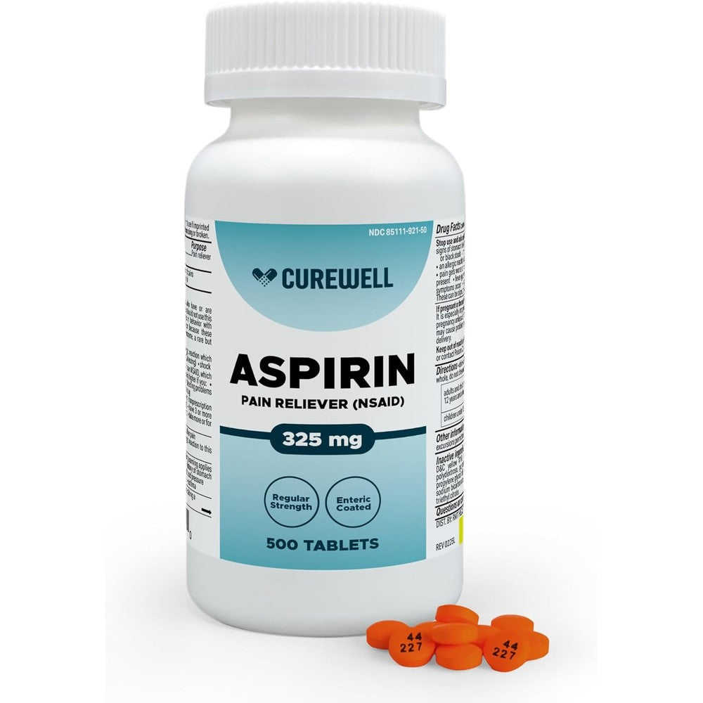 Curewell enteric coated aspirin 325mg 500 count bottle front view for pain relief