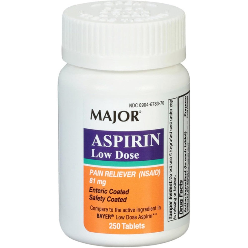 Pharbest Major Aspirin Low Dose 81 mg 250 tablets front bottle view for gentle pain relief