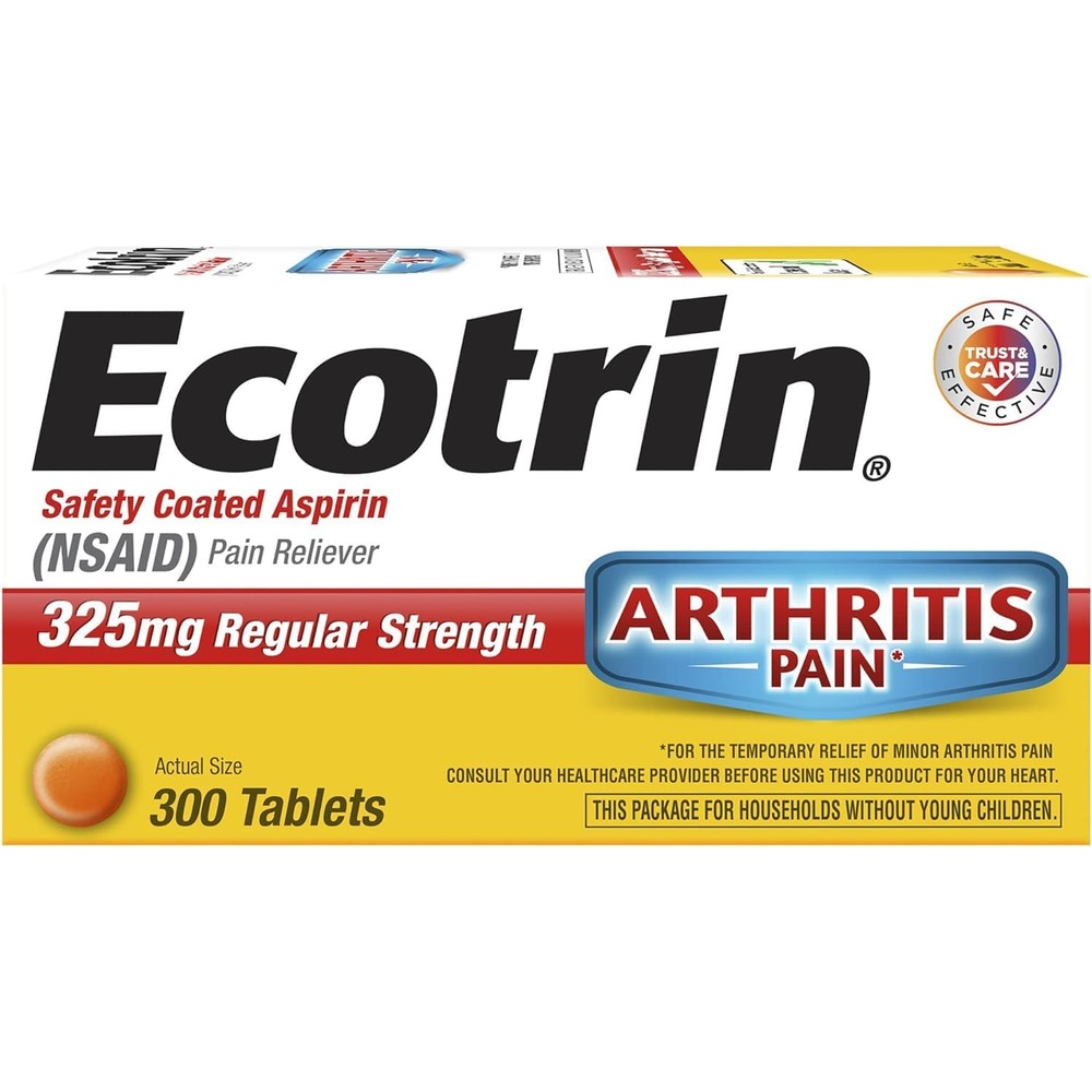 Ecotrin Regular Strength Aspirin 325mg safety coated 300 tablets bottle front view