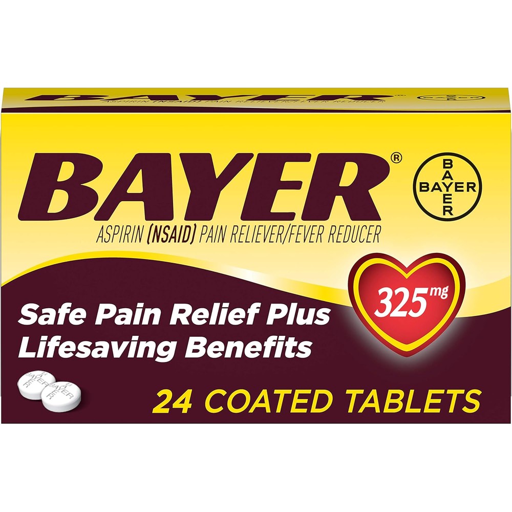 Bayer Genuine Aspirin 325mg Coated Tablets front packaging view for adult pain relief