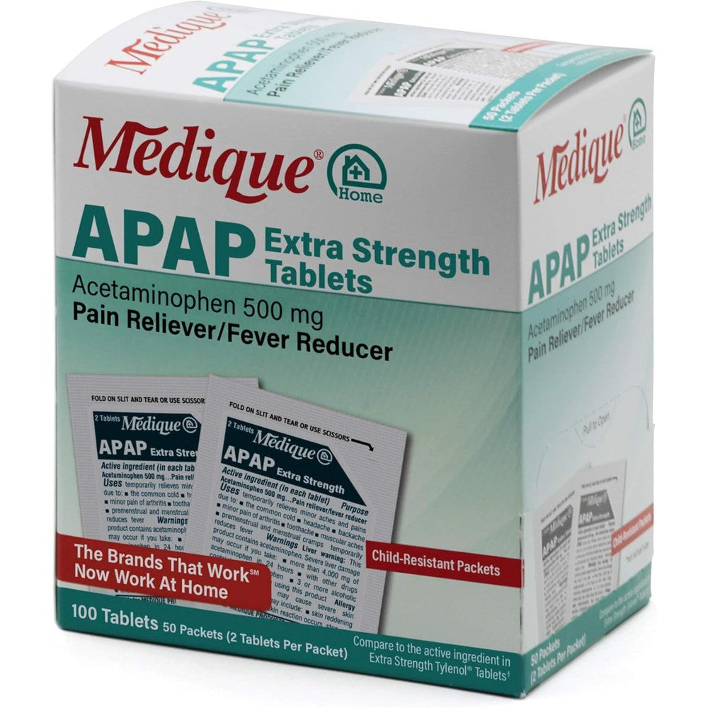 Medique At Home Extra Strength APAP Tablets front view box packaging for non aspirin pain relief