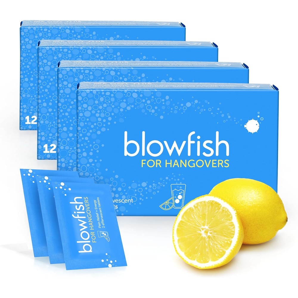 Blowfish for Hangovers packaging front view displaying effervescent tablet benefits.