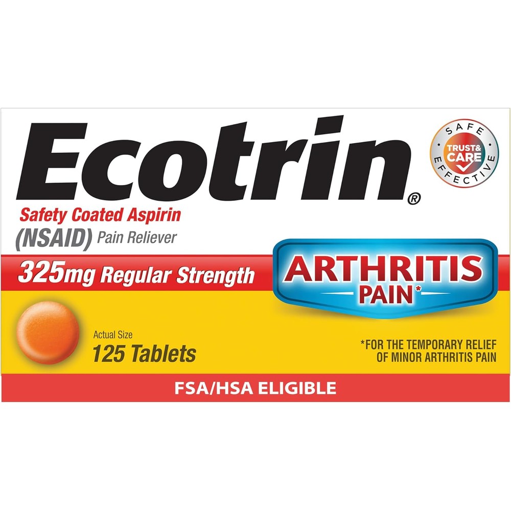 Ecotrin Regular Strength Aspirin 325mg 125 tablets bottle front view for arthritis pain relief