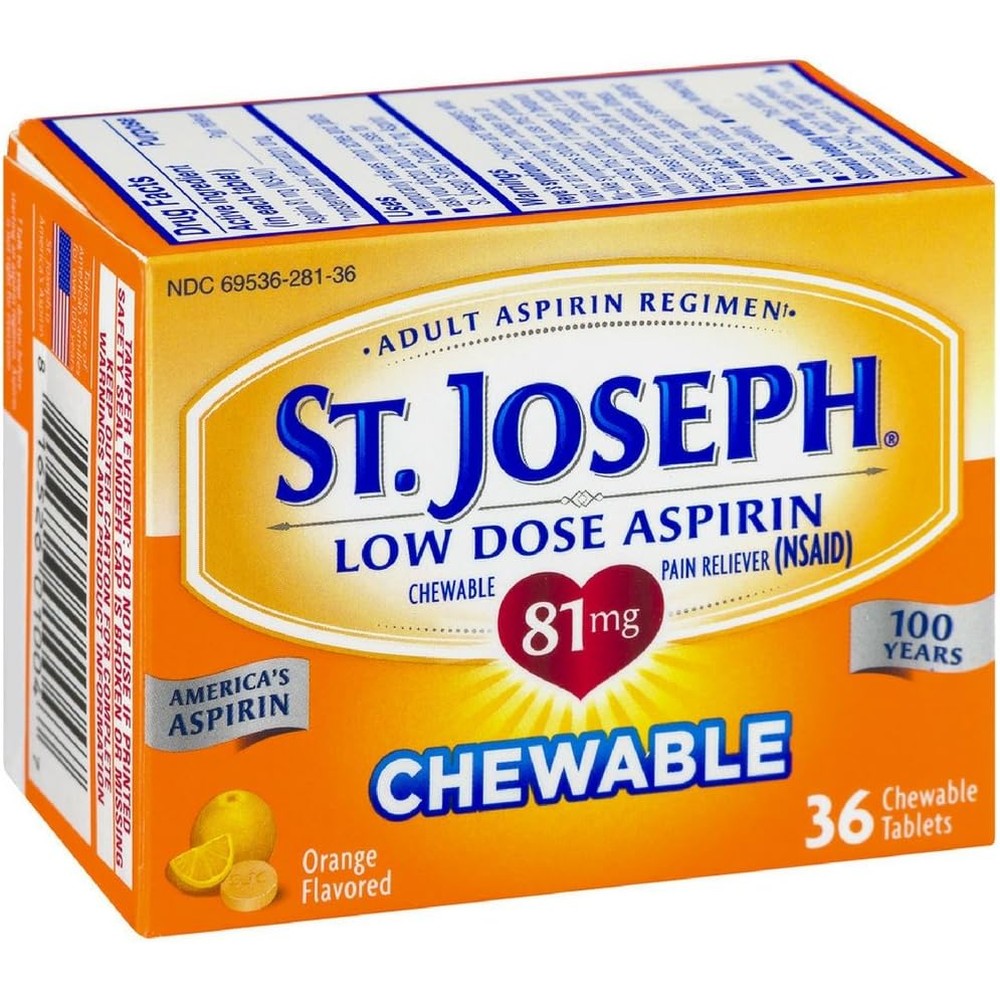St. Joseph Orange Chewable 81mg Aspirin 36 Tablets front view packaging
