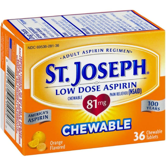 St. Joseph Orange Chewable 81mg Aspirin 36 Tablets front view packaging