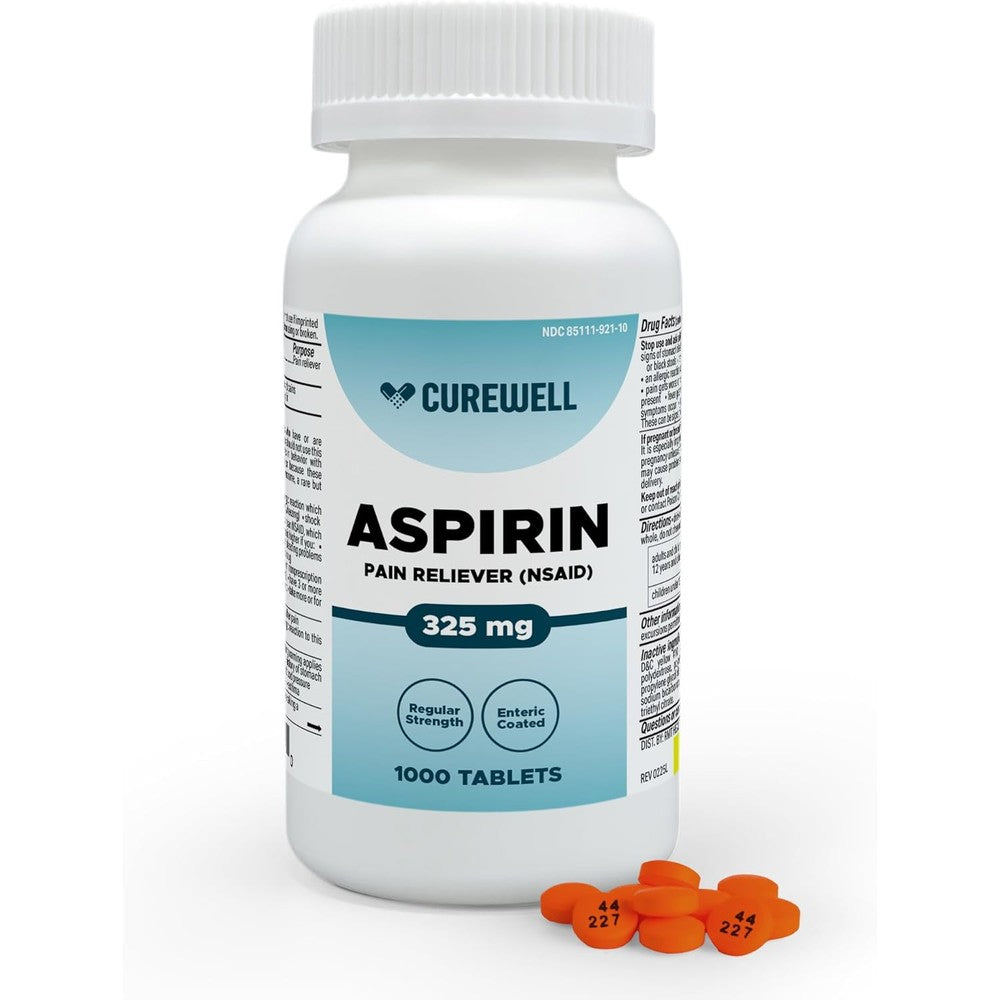 Curewell Enteric Coated Aspirin 325mg bottle front view for regular strength pain relief