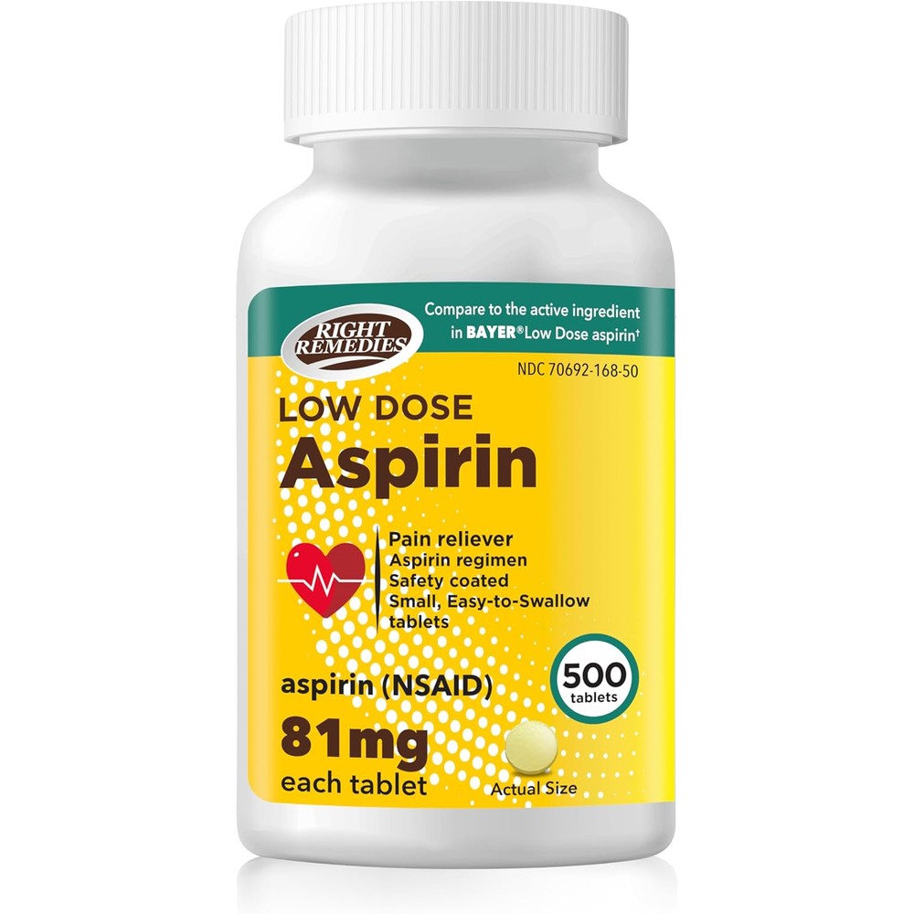 Right Remedies Low Dose Aspirin 81mg bottle front view for adult pain relief