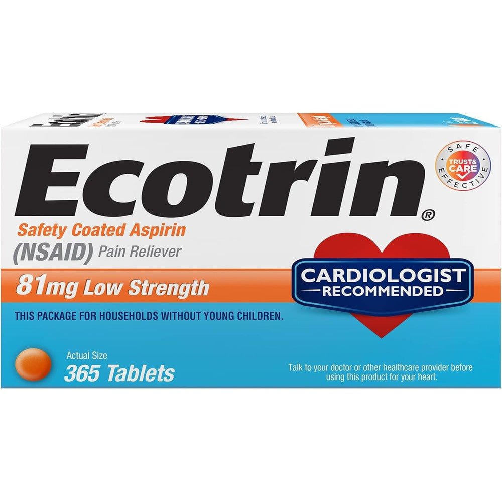 Ecotrin Low Strength Safety Coated Aspirin 81mg front view bottle for daily heart health