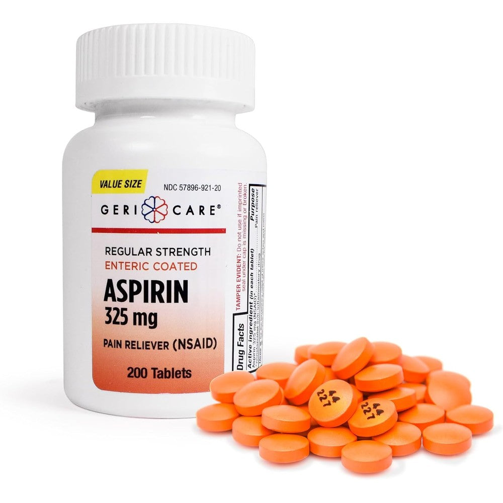 GeriCare Enteric Coated Aspirin 325mg 200 Count front view bottle for adult pain relief