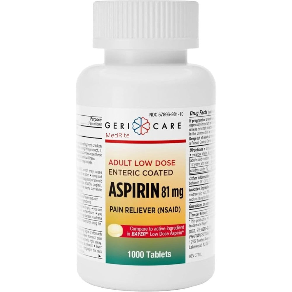MedRite low dose baby aspirin 81mg adult enteric coated 1000 tablets bottle front view