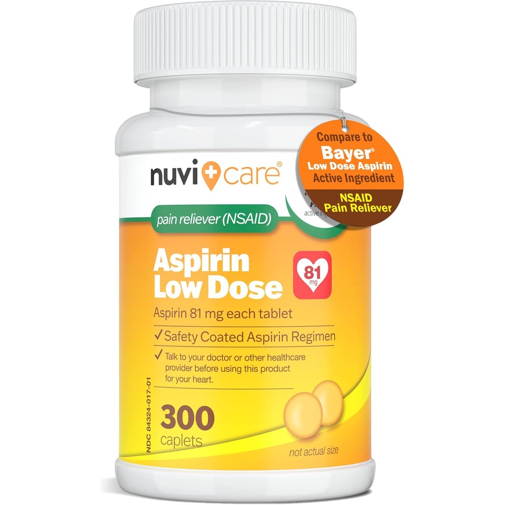 Nuvicare Low Dose Aspirin 81mg safety coated 300 caplets bottle front view for adult pain relief