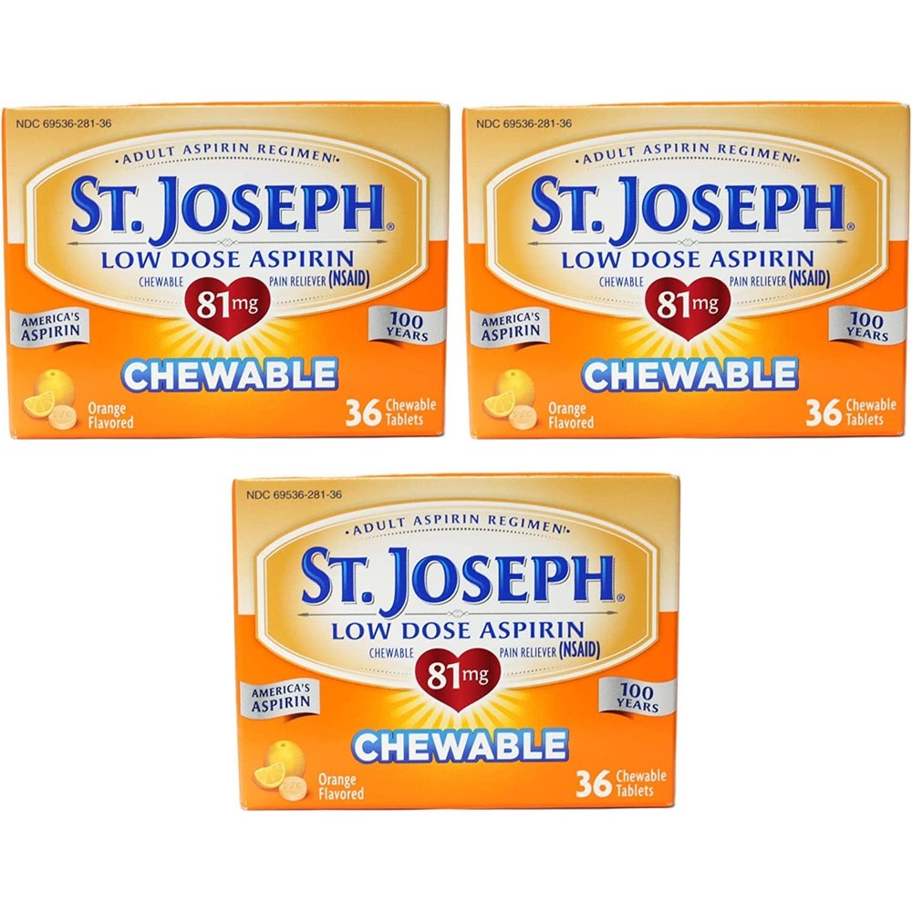 St. Joseph Orange Chewable 81mg Aspirin front packaging view for daily adult regimen.