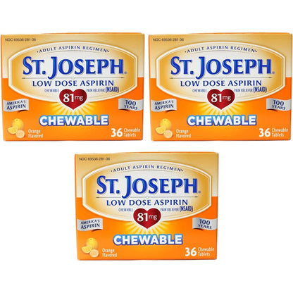 St. Joseph Orange Chewable 81mg Aspirin front packaging view for daily adult regimen.