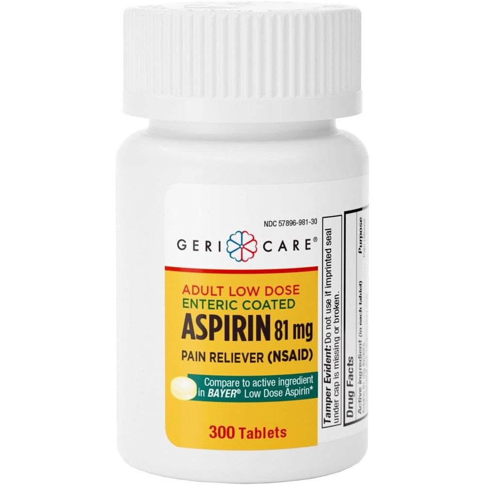 GeriCare Aspirin 81mg low dose tablets bottle front view for adult pain relief