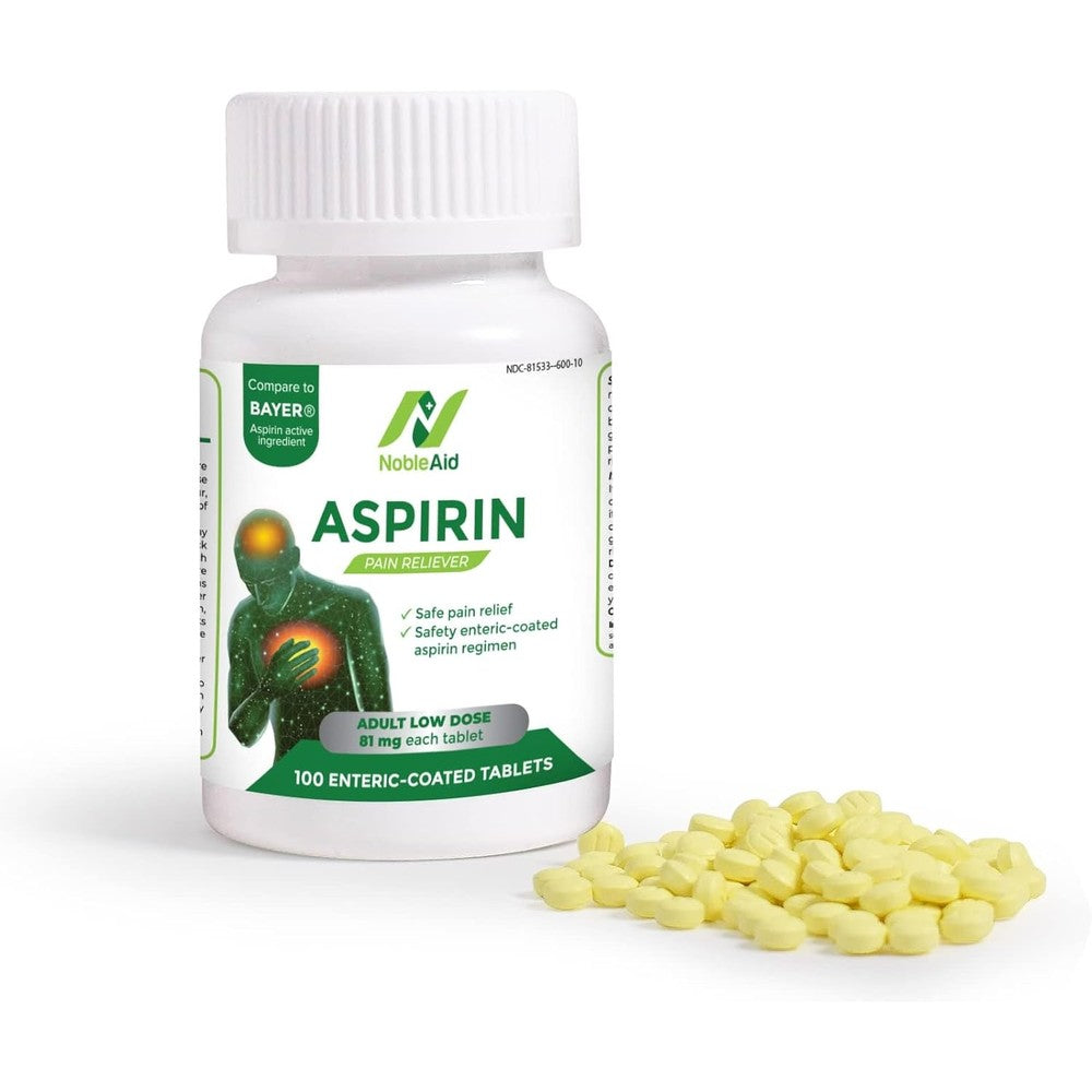 NobleAid low dose aspirin 81mg bottle front view for daily heart health regimen