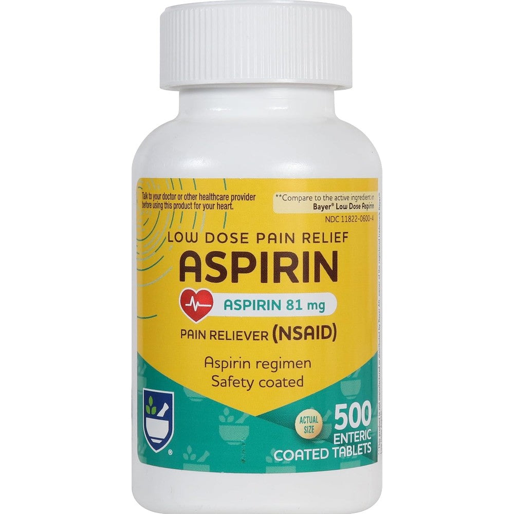 Rite Aid Aspirin Enteric Tablets front view bottle for low dose pain relief