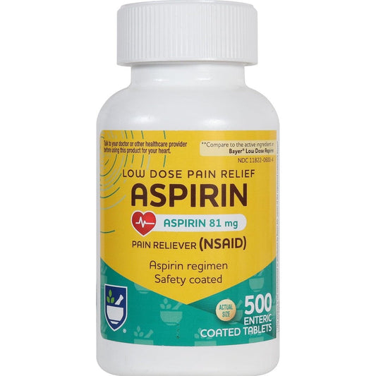 Rite Aid Aspirin Enteric Tablets front view bottle for low dose pain relief
