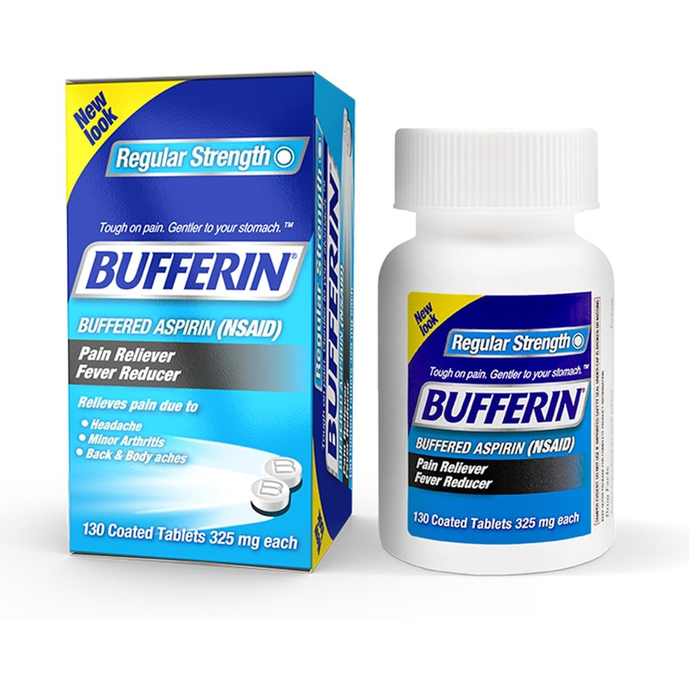 Bufferin Buffered Aspirin 325mg front view bottle for fast pain relief