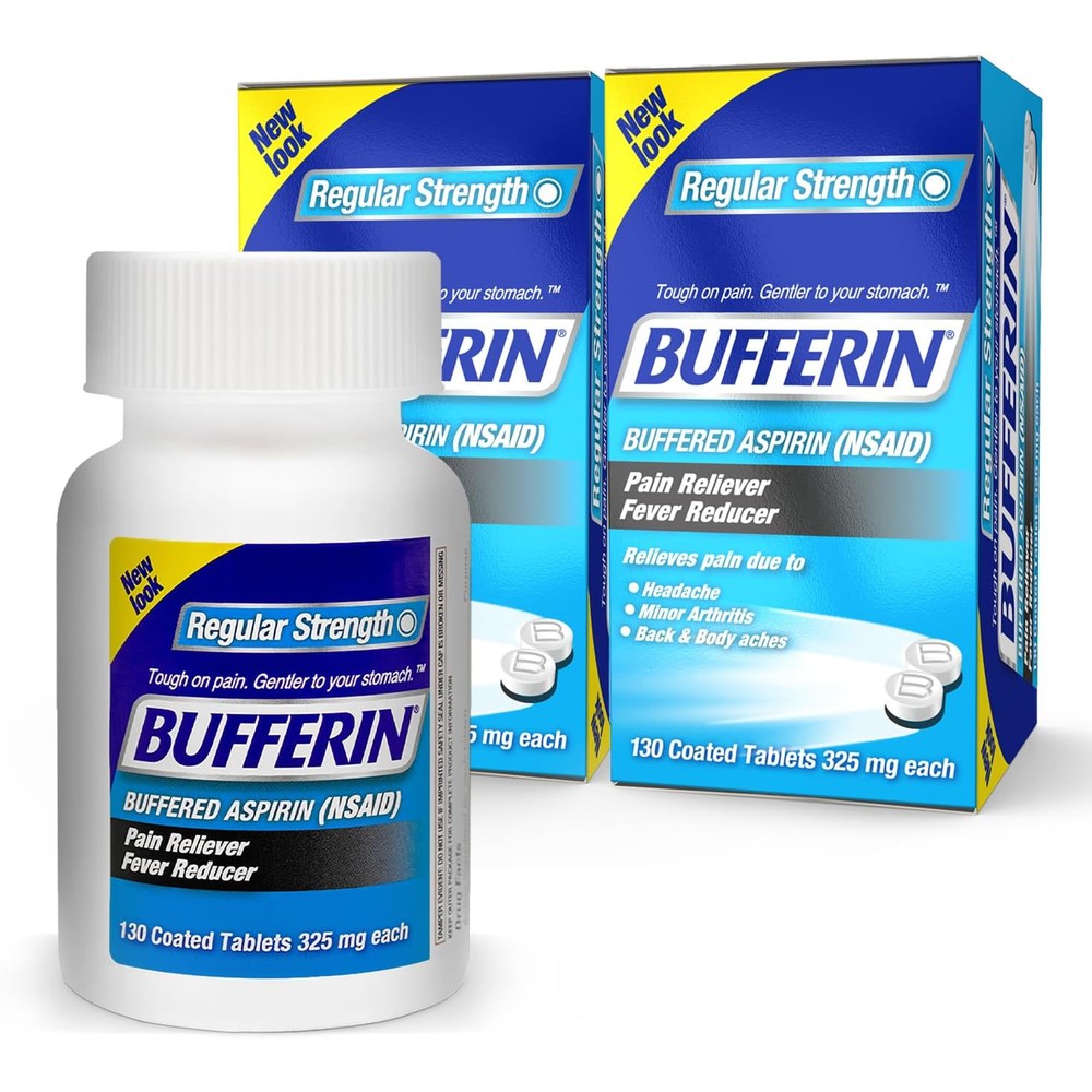Bufferin Aspirin 325mg front view packaging showing 130 coated tablets per bottle