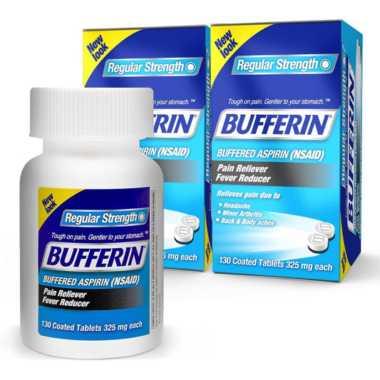 Bufferin Aspirin 325mg front view packaging showing 130 coated tablets per bottle