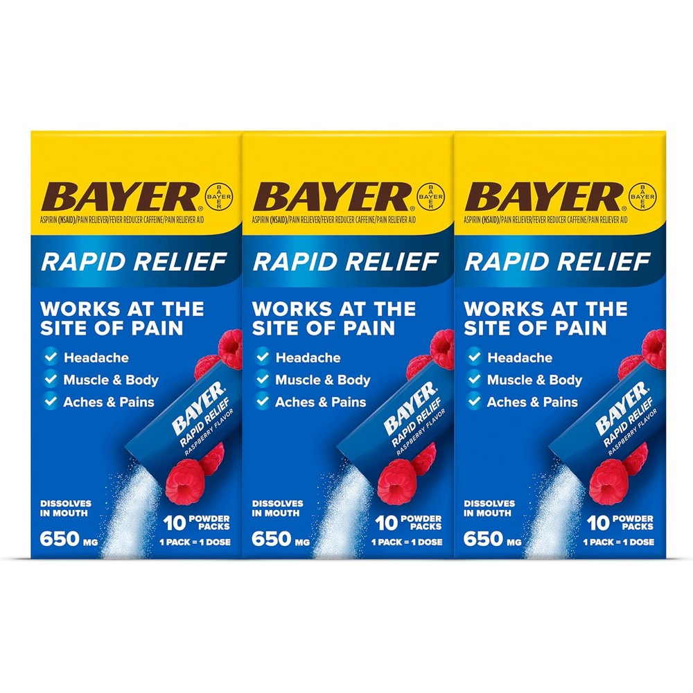 Bayer Rapid Relief Dissolvable Powder Packs 30 Count front packaging view for fast headache relief