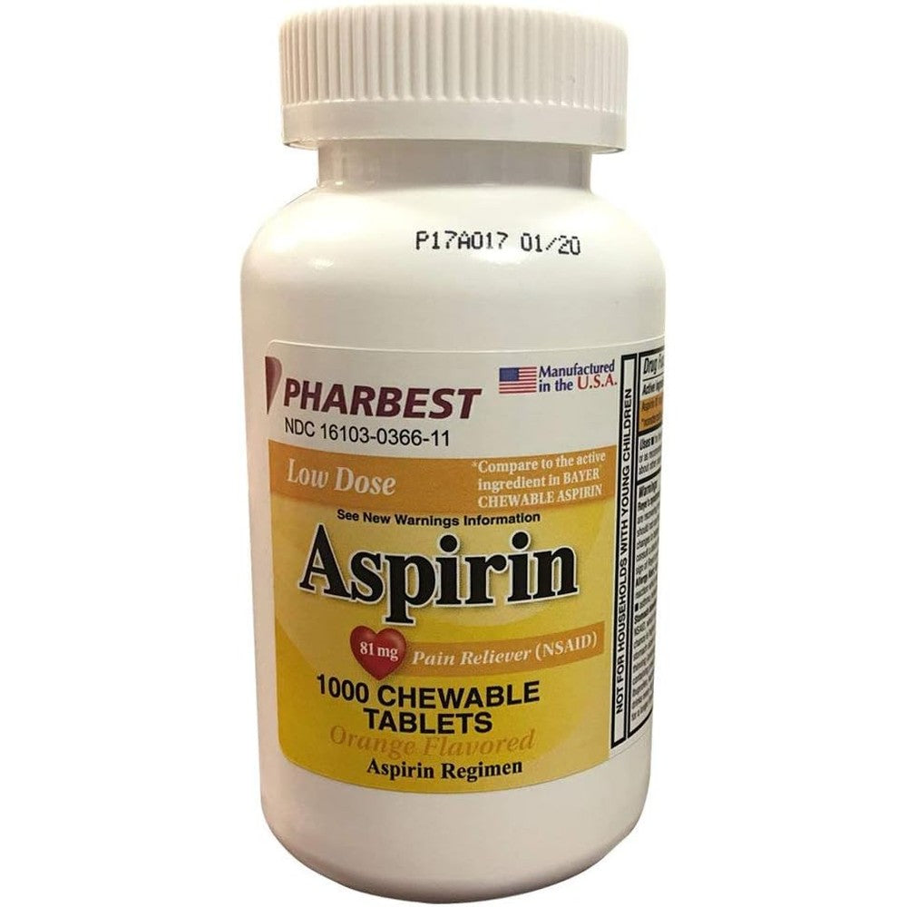 Pharbest Aspirin 81mg Chewable Orange Tablets 1000 Count front bottle view for pain relief