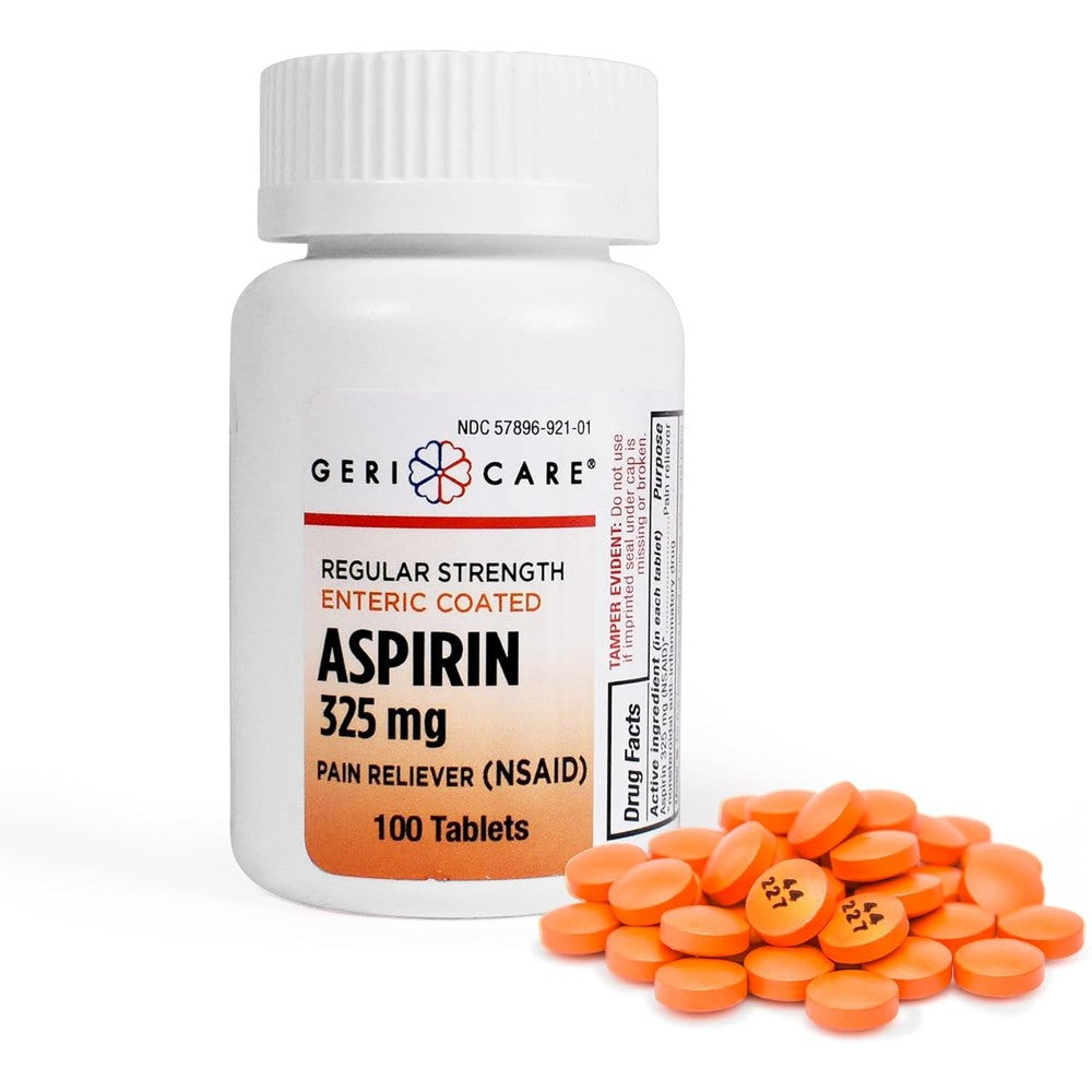Geri-Care Enteric Coated Aspirin 325mg 100 Tablets front view bottle for adult pain relief