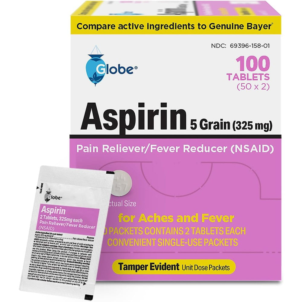 Globe Aspirin 325 mg tablets box front view for regular strength pain relief