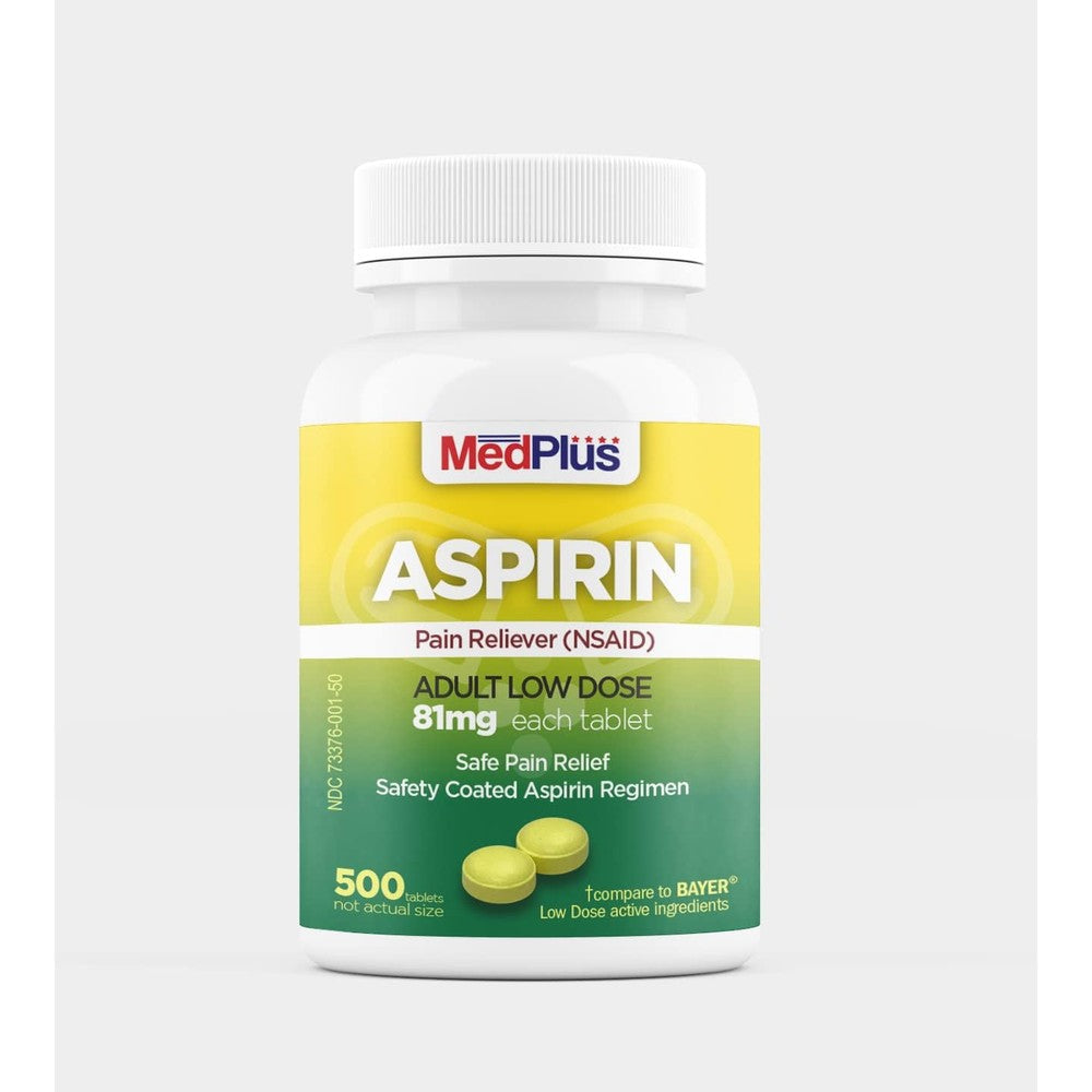 MedPlus Low Dose Aspirin 81 mg 500 Tablets bottle front view for daily health regimen