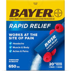 Bayer Rapid Relief 20 count box front view showcasing authentic USA imported fast pain reliever packaging
