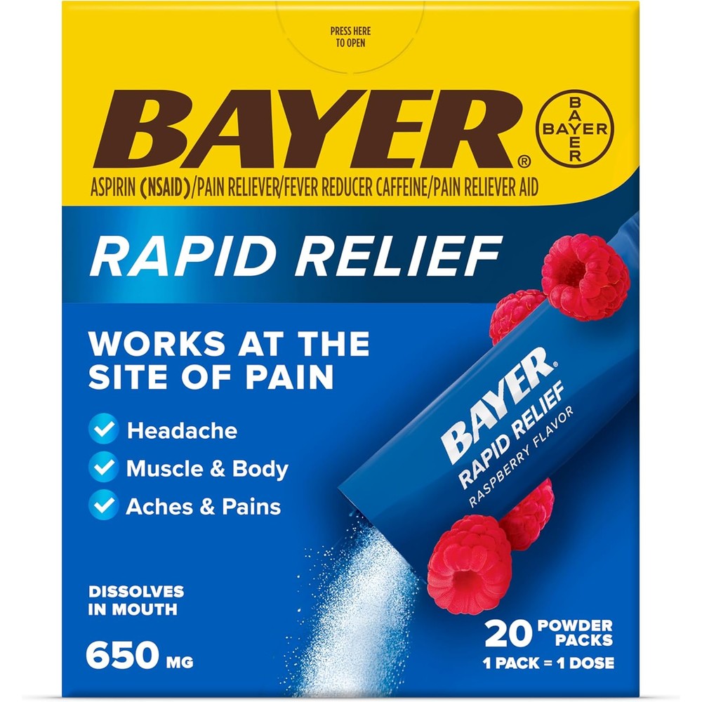 Bayer Rapid Relief 20 count box front view showcasing authentic USA imported fast pain reliever packaging