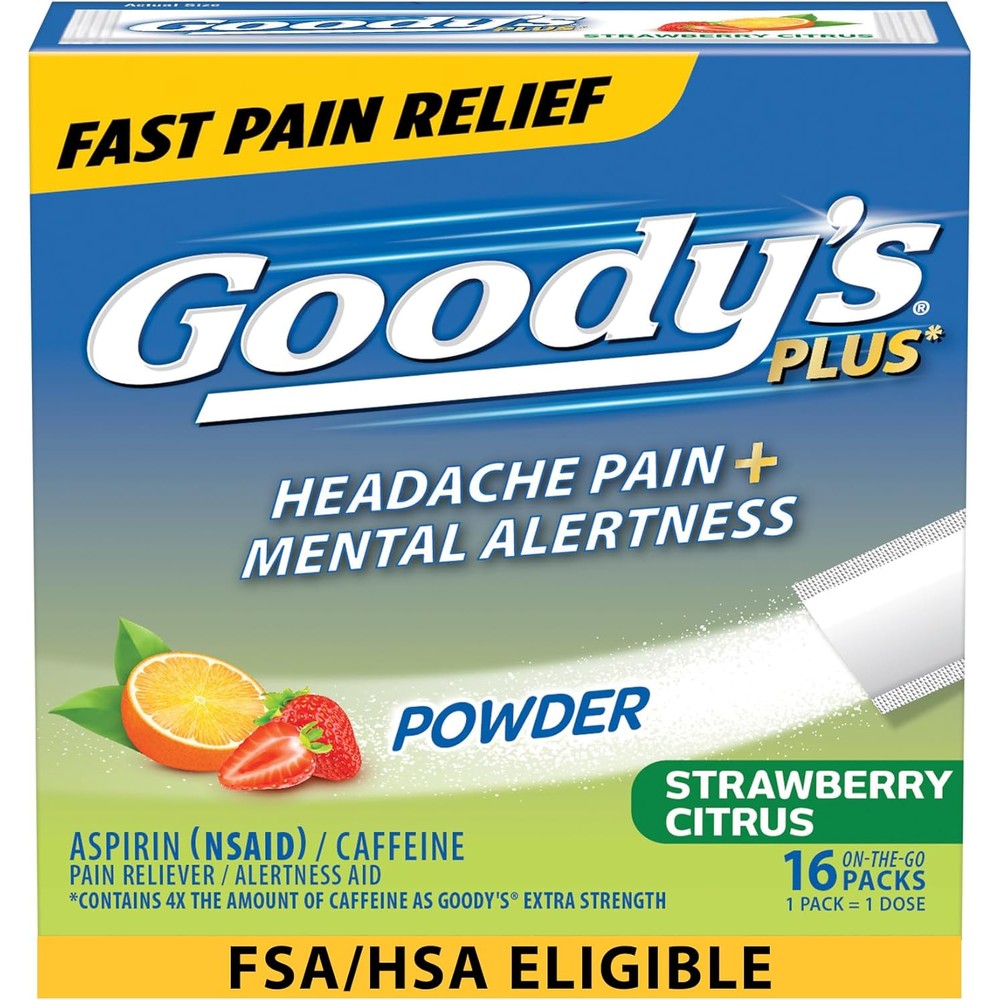 Goodyâ€™s Headache Relief Plus Mental Alertness Powder 16 count front box view for fast pain relief