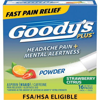 Goodyâ€™s Headache Relief Plus Mental Alertness Powder 16 count front box view for fast pain relief