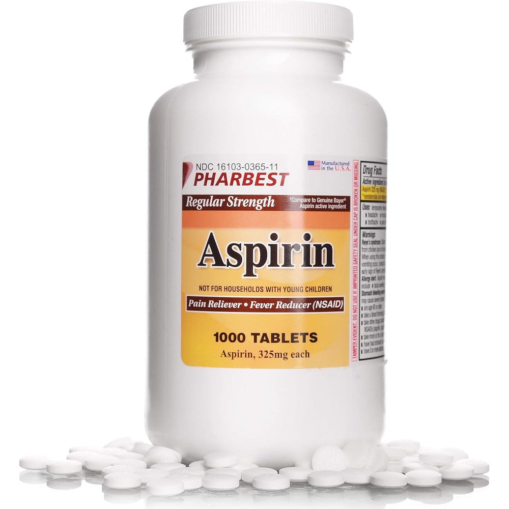 Pharbest Aspirin 325 mg 1000 uncoated tablets front view bottle