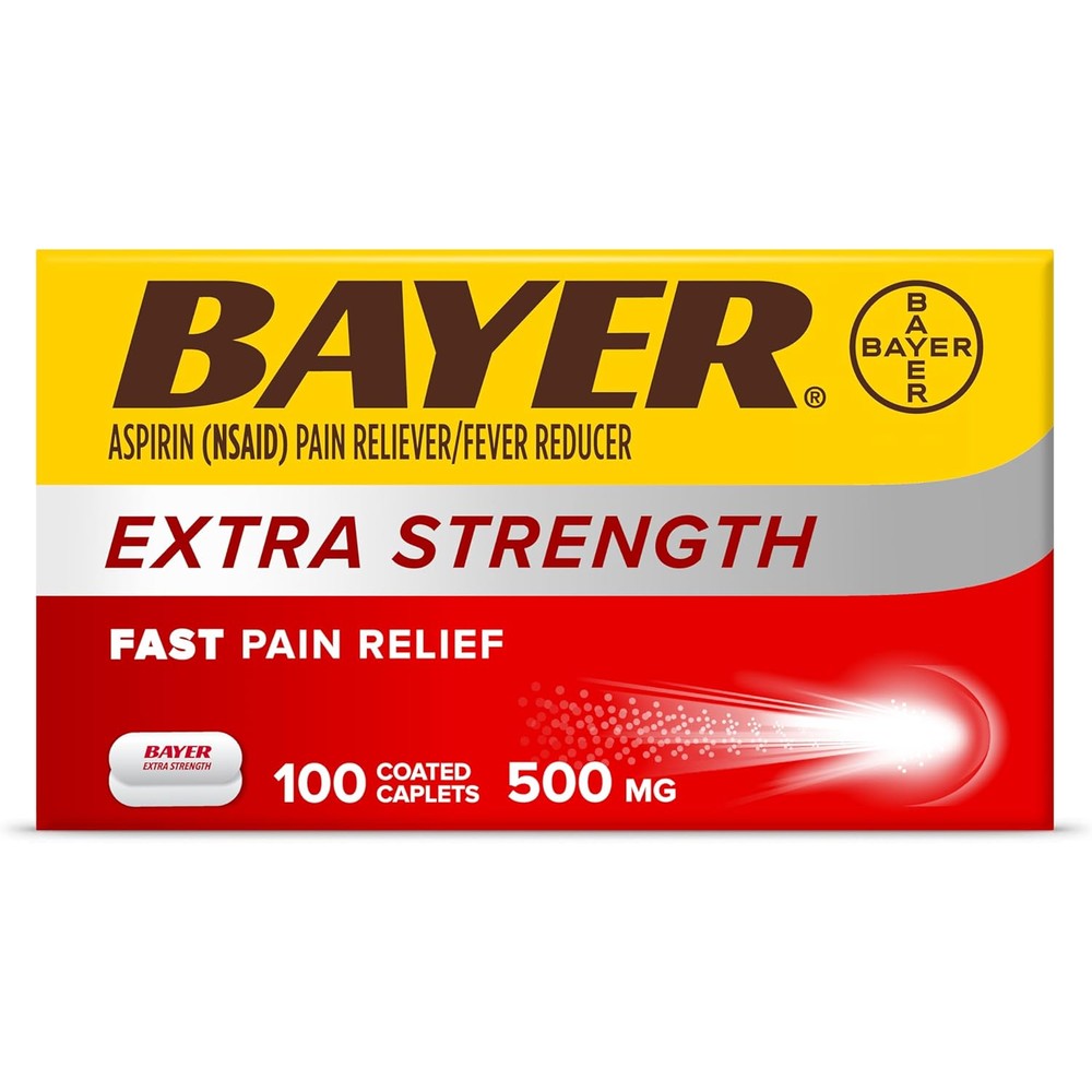 Bayer Aspirin Extra Strength 500mg 100 count bottle front view for fast headache relief