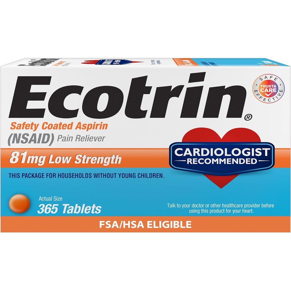 Ecotrin low strength safety coated aspirin 81 milligram 365 tablets front packaging view for arthritis pain relief.