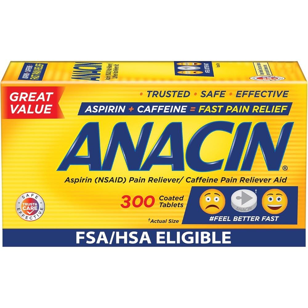 Anacin Aspirin and Caffeine Fast Pain Relief 300 coated tablets front packaging view for headache relief.