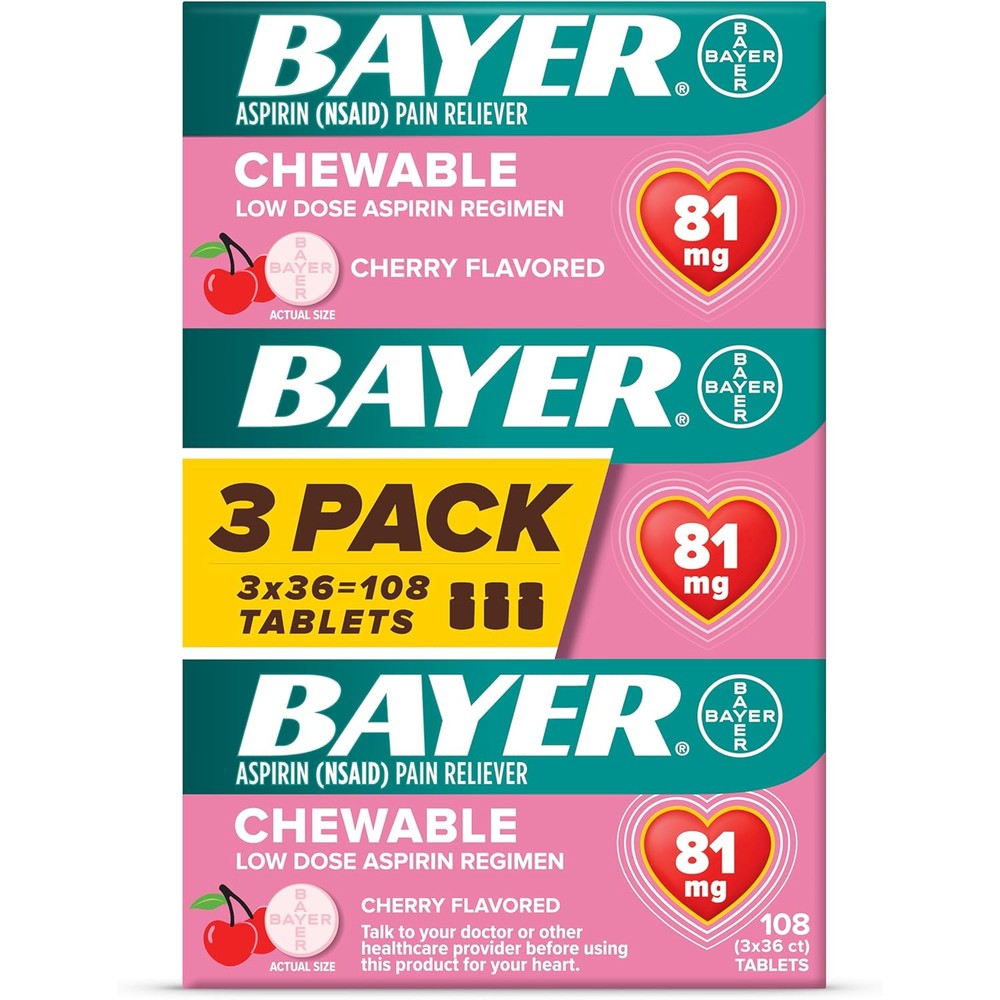 Bayer Aspirin Low Dose 81 mg Cherry Chewable Tablets front packaging