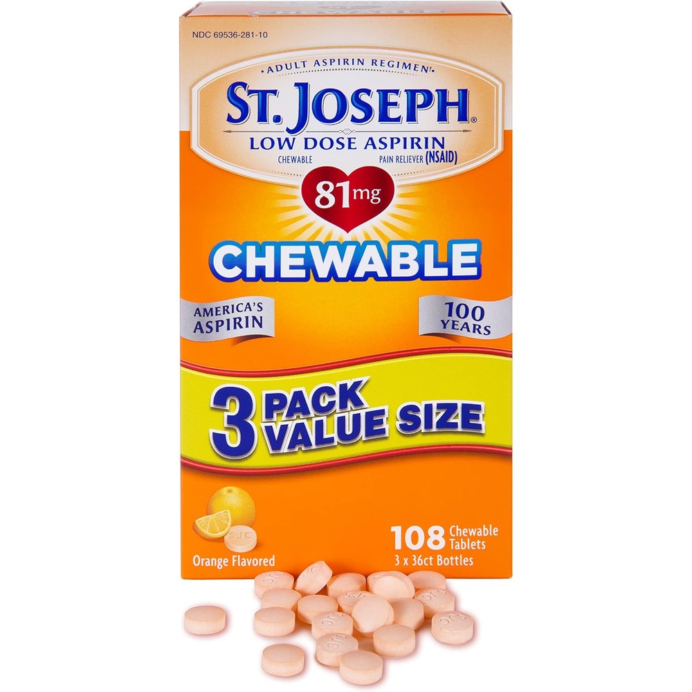 St. Joseph Aspirin 81mg chewable orange tablets front packaging view for adult daily regimen.