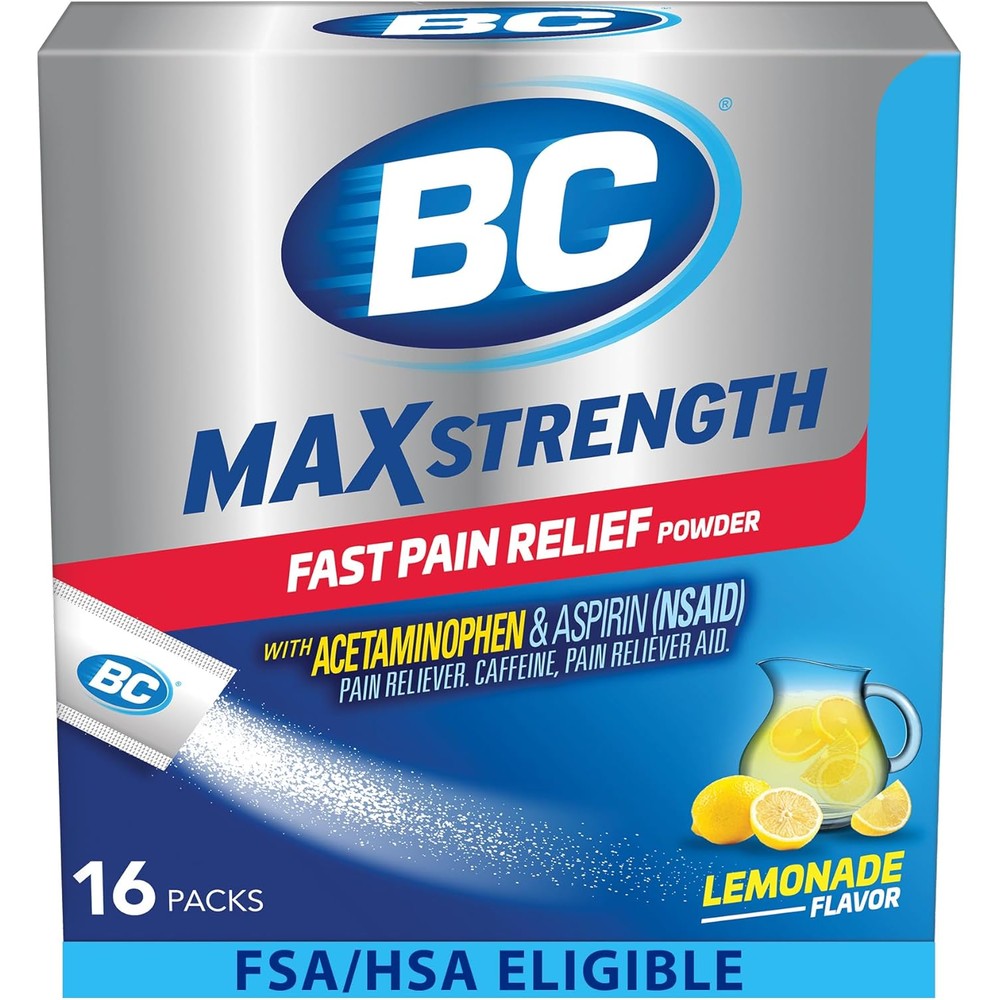 BC Powder Max Strength Lemonade Packets front view for fast headache relief