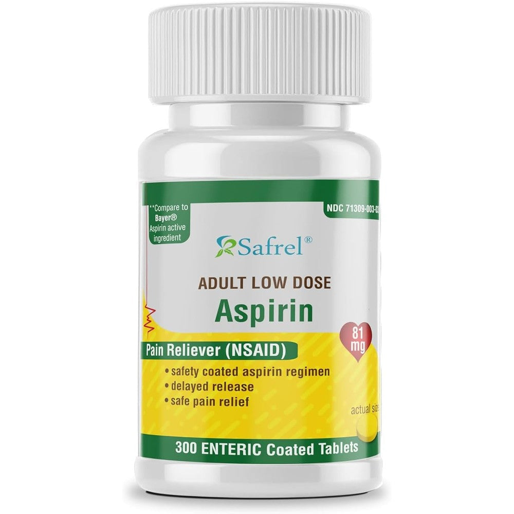 Safrel Baby Aspirin 81 mg enteric coated tablets bottle front view for adult low dose pain relief
